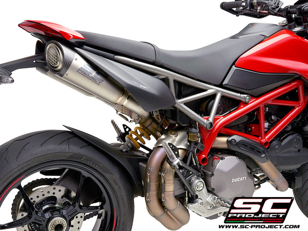 SC PROJECT DUCATI HYPERMOTARD 950 - SP (2019 - 2021) Pair of S1 Mufflers, titanium, with carbon fiber end cap and titanium mesh stone guard D31-41TR