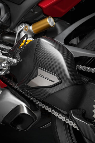 SCRAMBLER DUCATI PANIGALE V4 Carbon and titanium swinging arm cover.