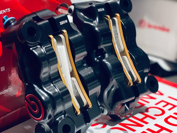 BREMBO Caliper Set, P4 32mm, .484 Cafe Kit, Billet 2-Piece, 100mm Radial Mount, Front, Black w/ Red Logo 220B47310