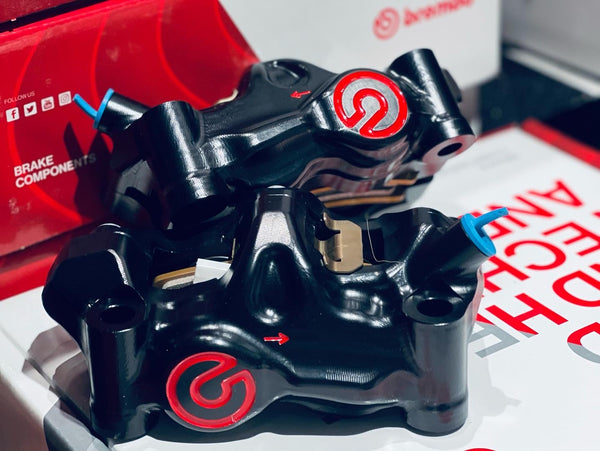 BREMBO Caliper Set, P4 32mm, .484 Cafe Kit, Billet 2-Piece, 100mm Radial Mount, Front, Black w/ Red Logo 220B47310
