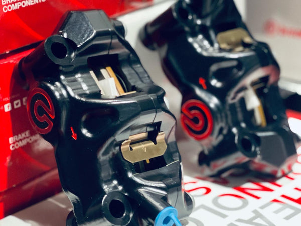 BREMBO Caliper Set, P4 32mm, .484 Cafe Kit, Billet 2-Piece, 100mm Radial Mount, Front, Black w/ Red Logo 220B47310