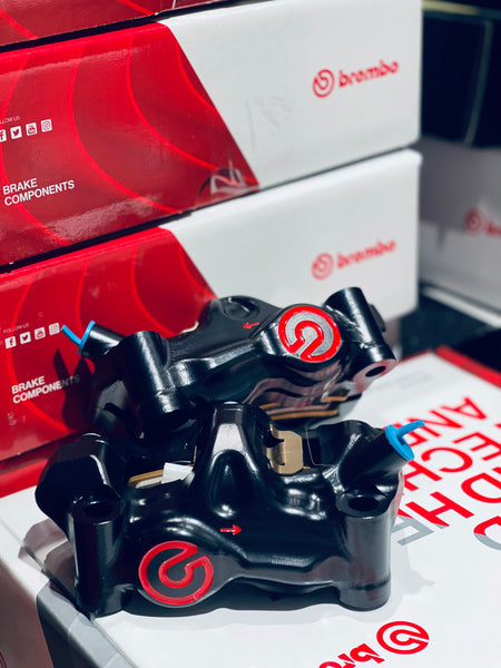 BREMBO Caliper Set, P4 32mm, .484 Cafe Kit, Billet 2-Piece, 100mm Radial Mount, Front, Black w/ Red Logo 220B47310